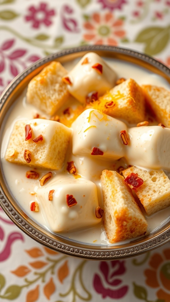Bread Rasmalai with soft bread soaked in creamy milk, garnished with nuts and saffron in a decorative bowl.